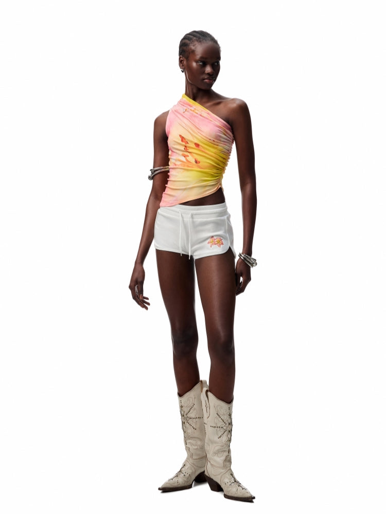 Slanted Shoulder Wrinkle-Printed Floral Vest