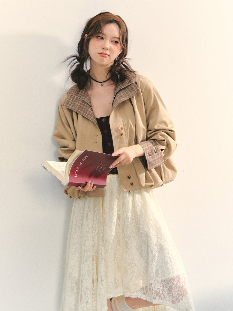 Two-piece Plaid Spliced Cocoon-shaped Trench Jacket