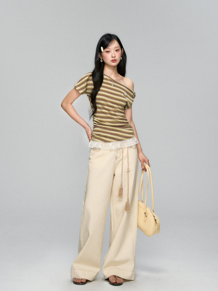 Striped Lace-Spliced Asymmetric-Shoulder T-shirt