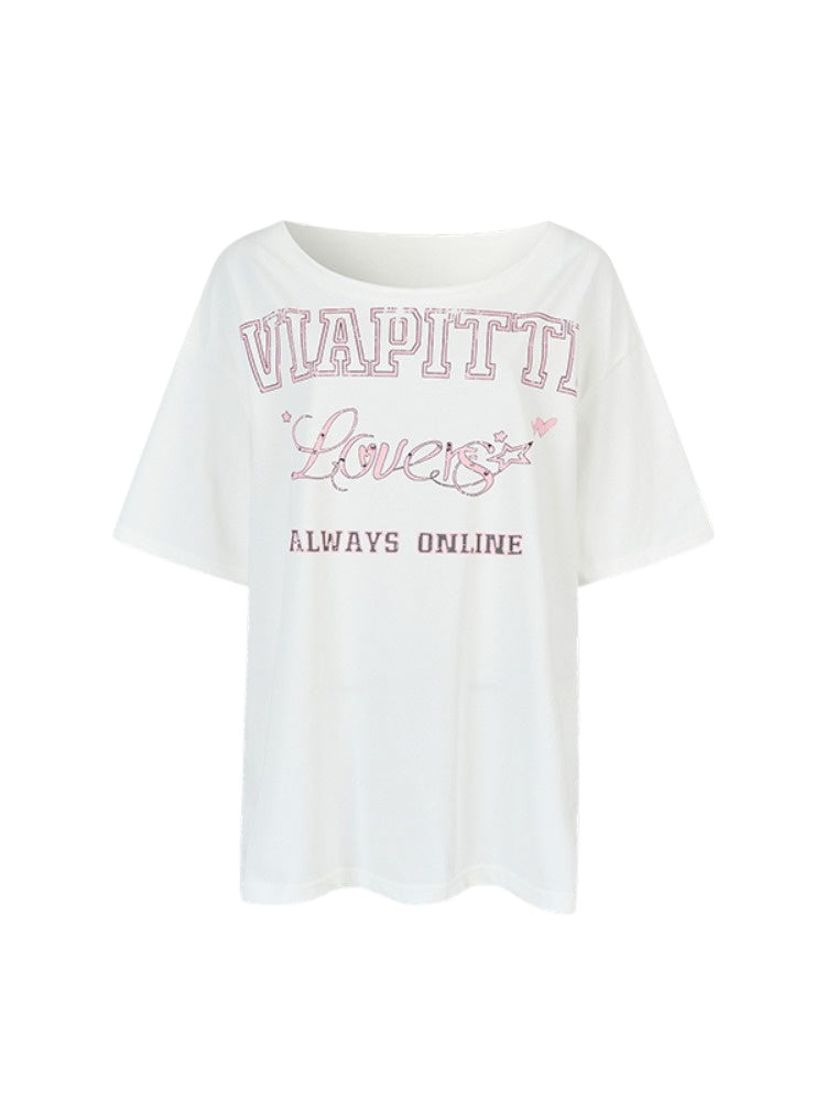 Off-shoulder Letter Hollow-out Spliced T-shirt