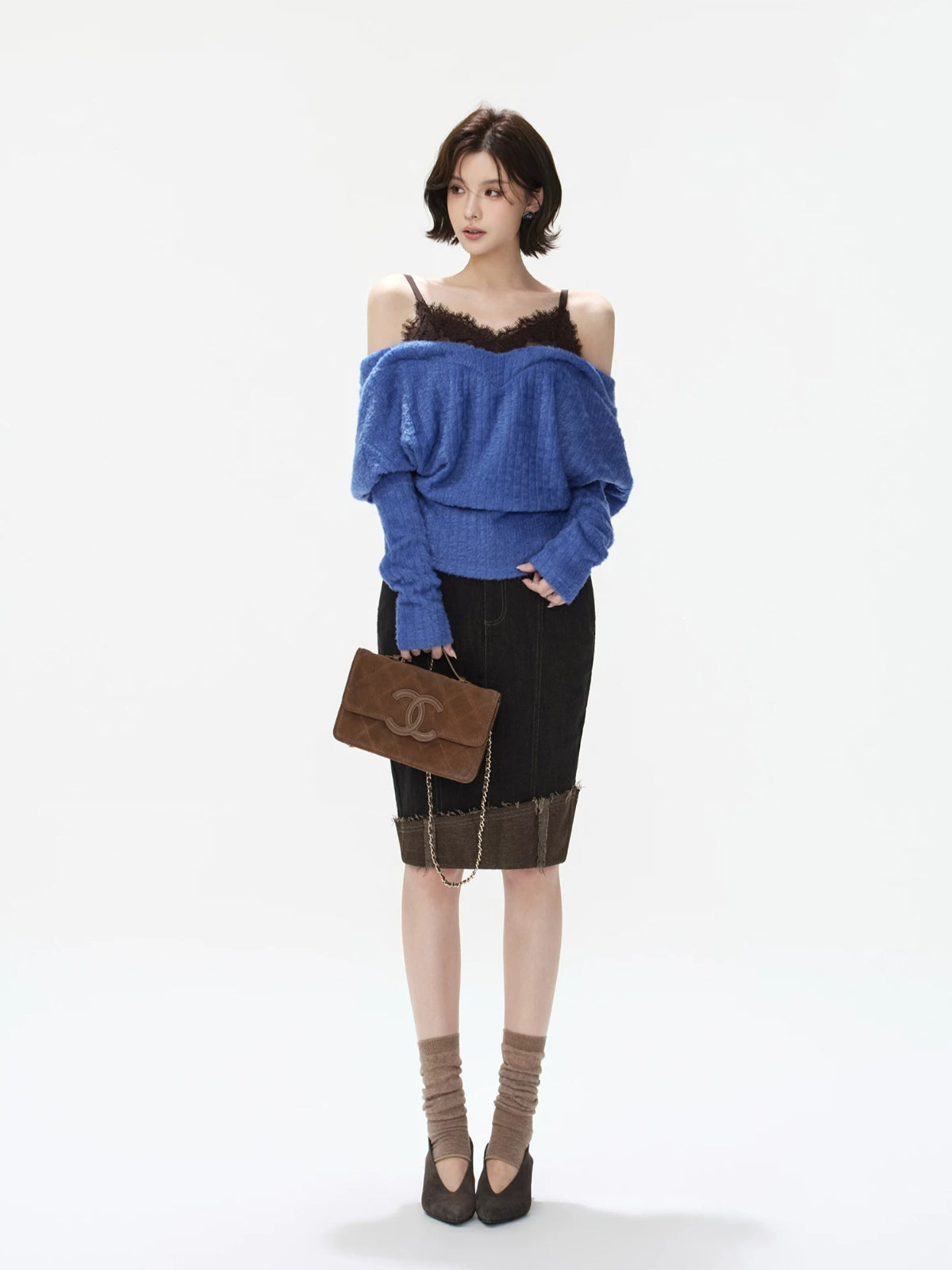 Lace Camisole Layered Fuzzy Knit Sweater