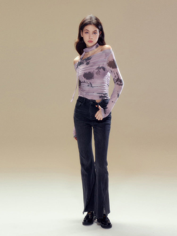 Purple Rose Printed Mesh Long Sleeve T-shirt
