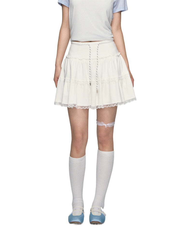 High-waisted Drawstring Lace-spliced Tiered Skirt