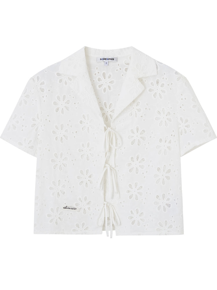 Hollow-out Flower Tie-up Short-Sleeve Top & Skirt Set