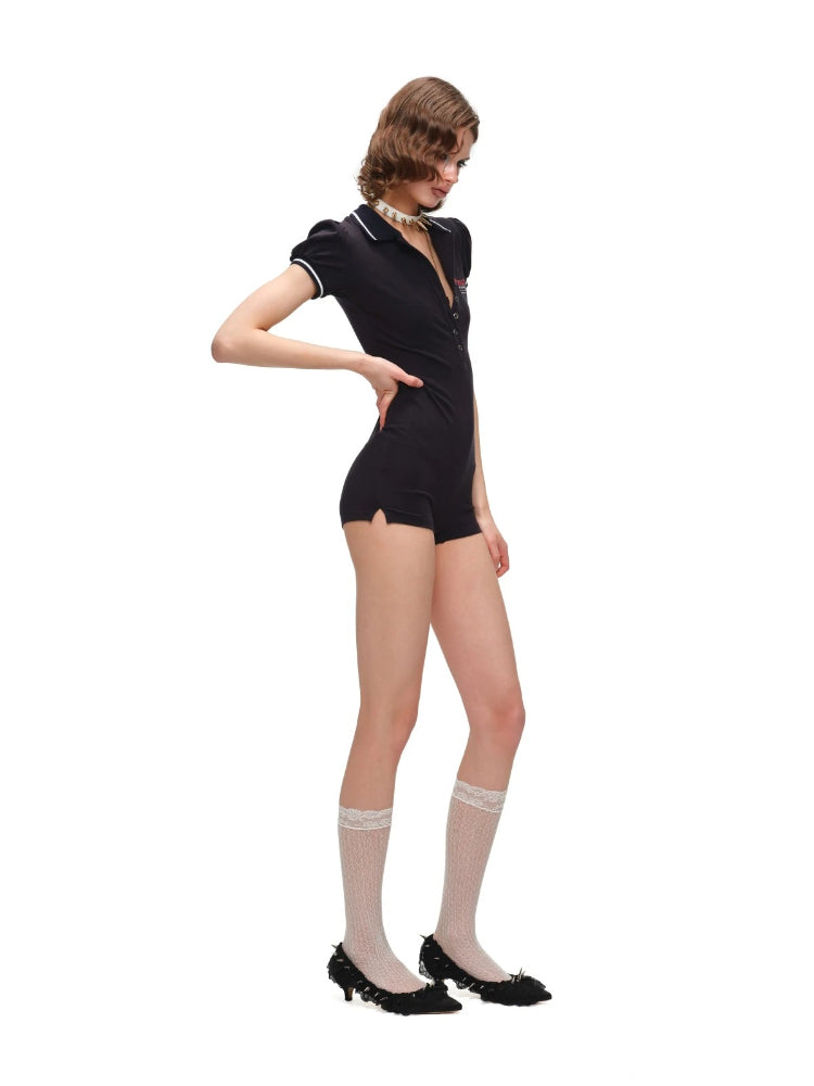 Navy Puff Sleeve Polo Romper