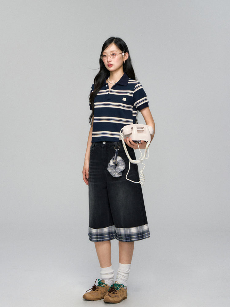 Checkered Patchwork Color-Blocking Wide-Leg Pants Set