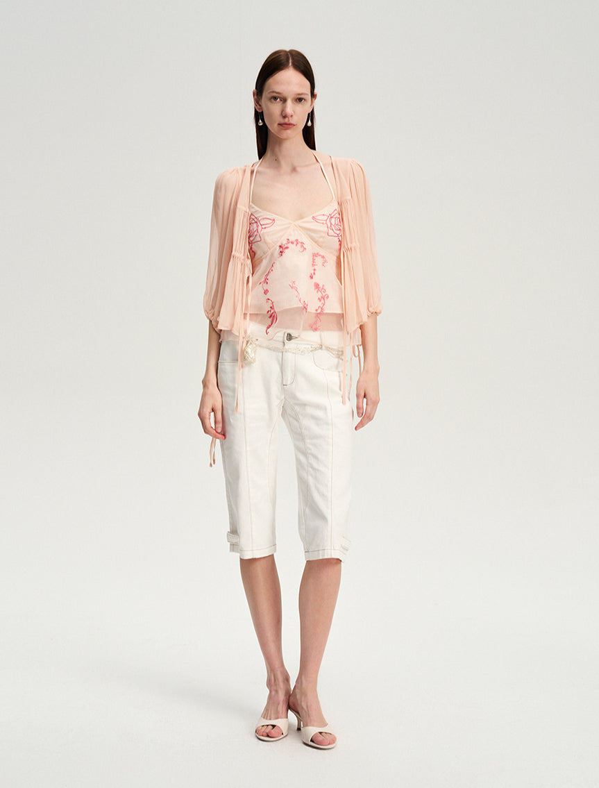 Contrast-Stitch White Cropped Jeans