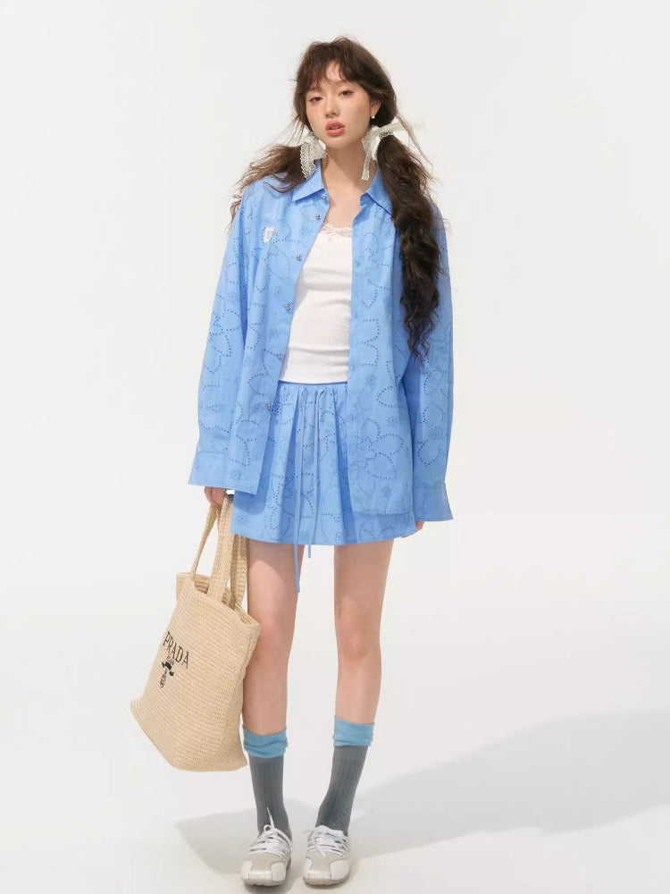 Collar Cut-Out Floral Shirt & Skirt Set