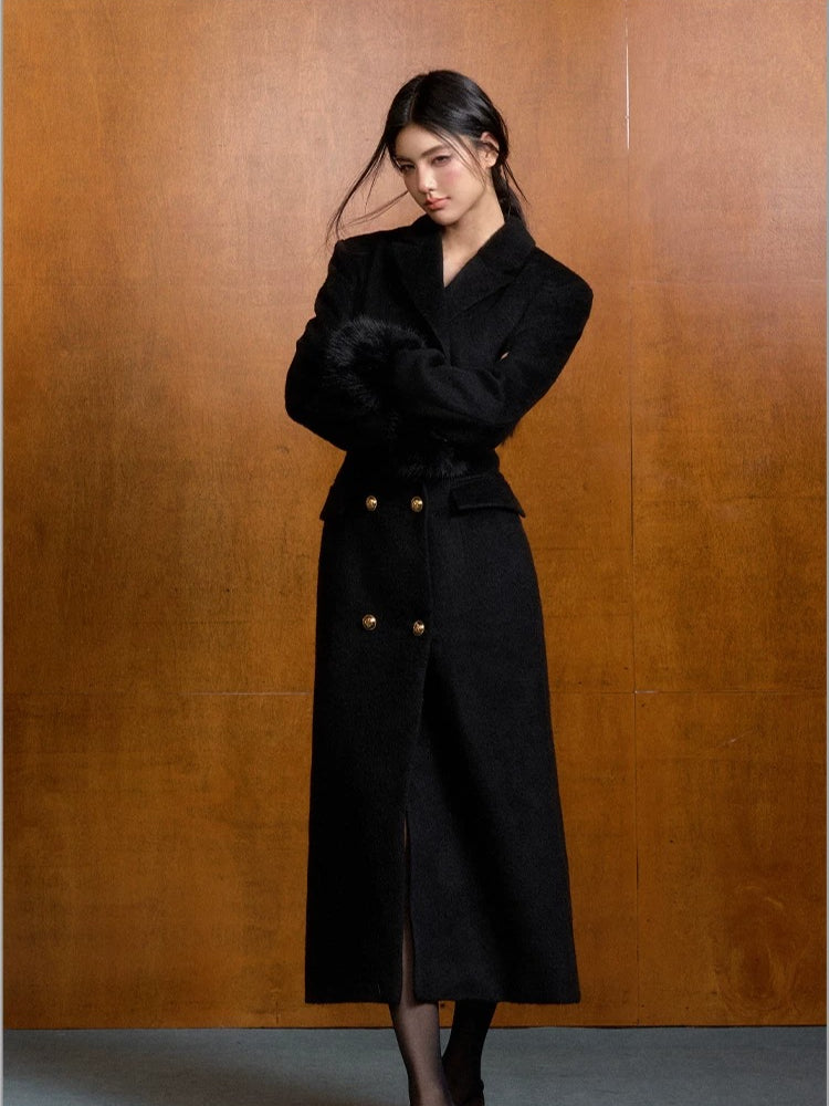 Fur-Collar Wool Coat & Scarf Set