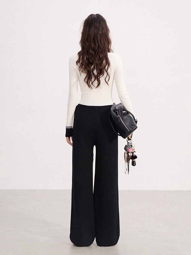 Fleece-lined Knit Elastic Waist Wide-leg Pants