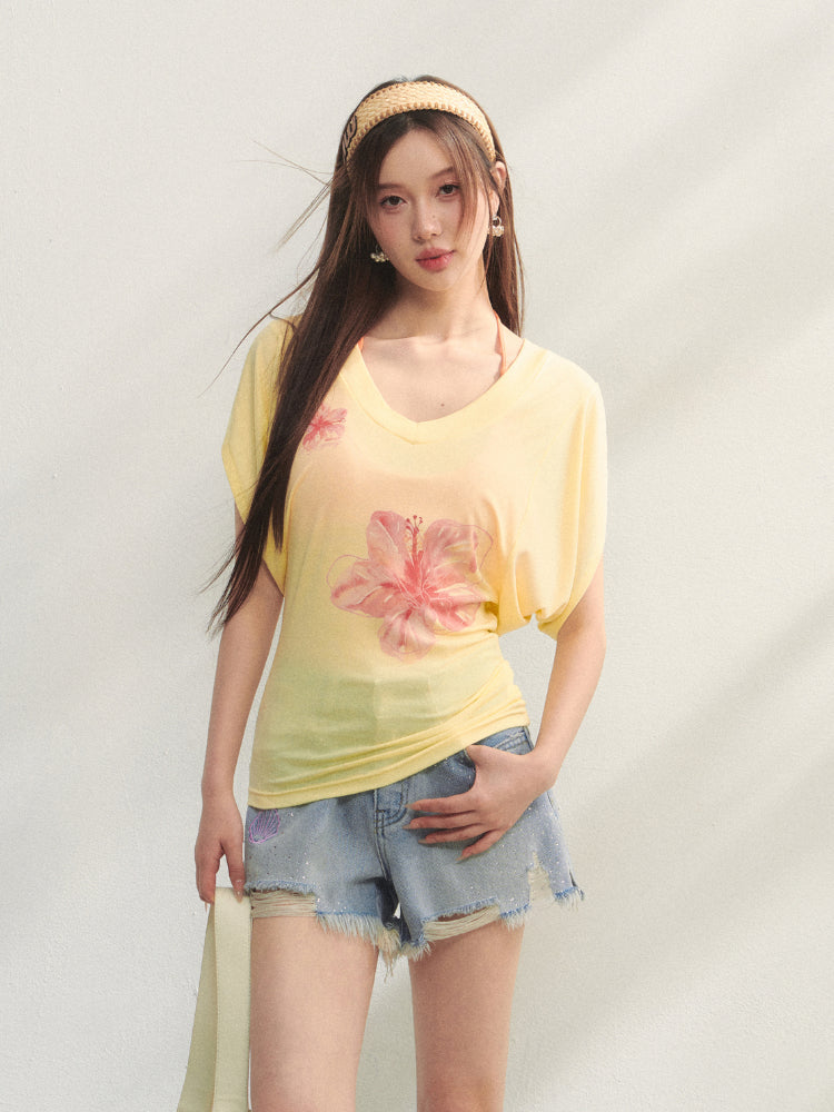 Floral V-Neck Bat-Sleeve T-Shirt