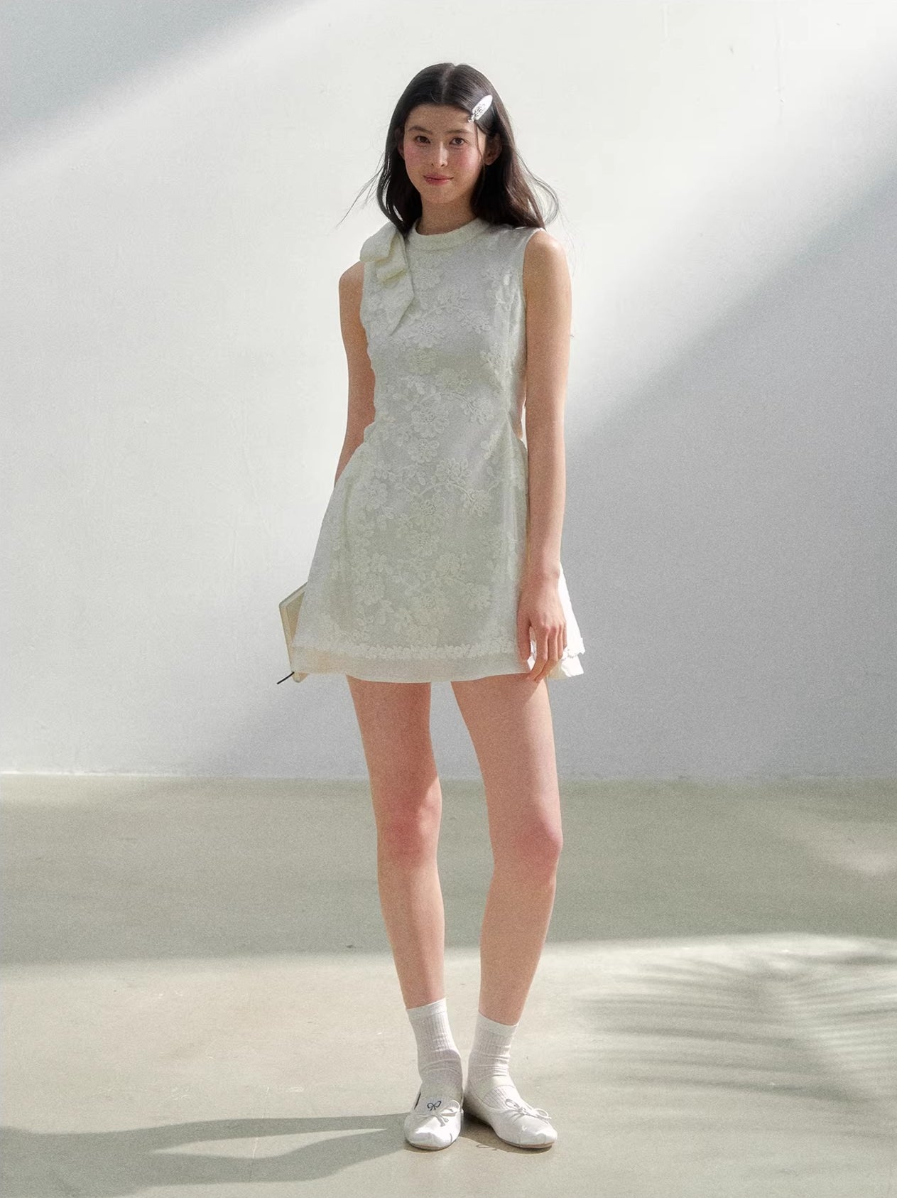 Beige Lace Embroidered Mini Dress