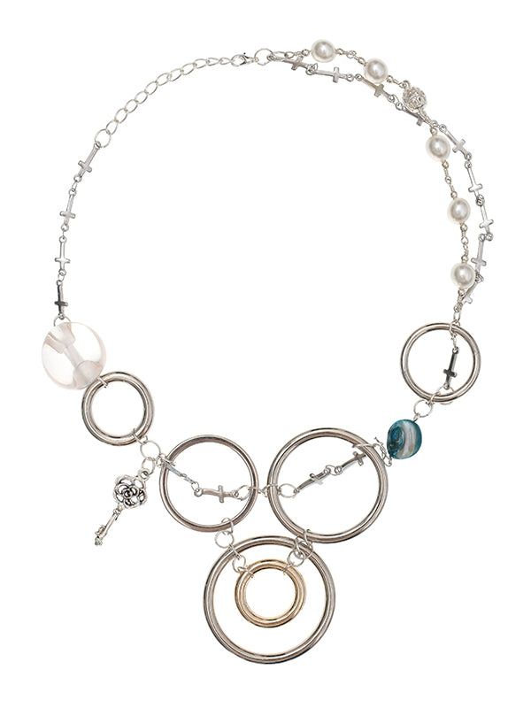 Button Silver Ring Chain Choker Necklace