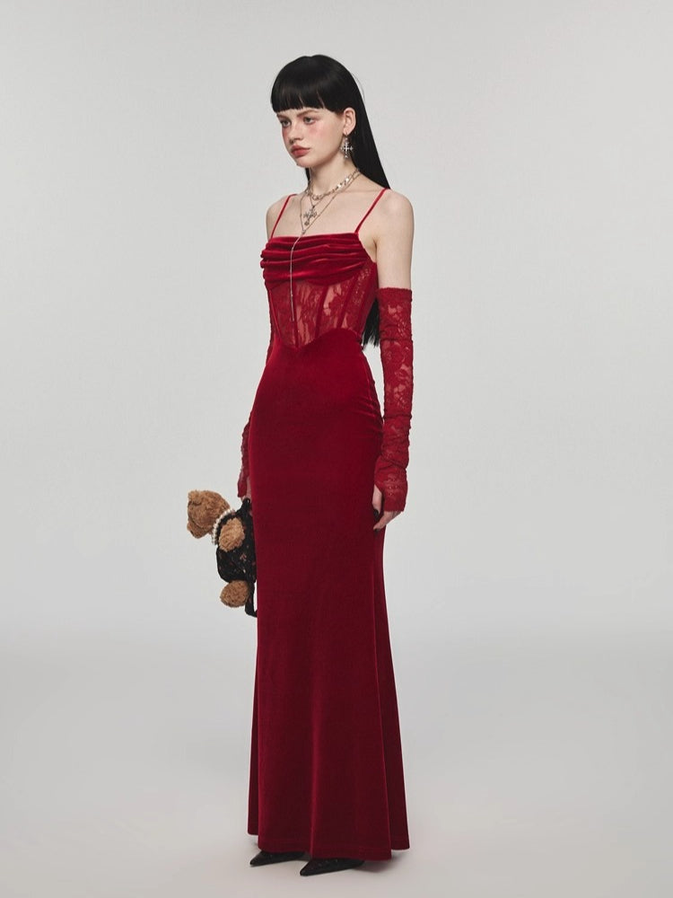 Fishbone Strap Long Velvet Bodycon Dress