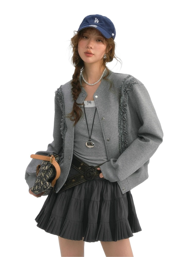 Lace‑Trim Baseball Jacket