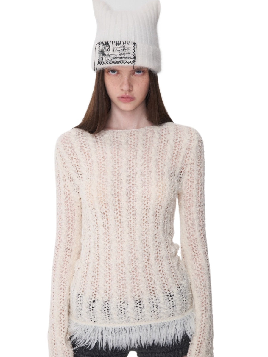 Cable Knit Faux-Fur Trim Fitted Sweater