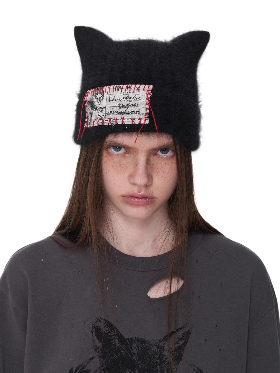 Knitted Cat-Ear Beanie with Hand-Stitched Label