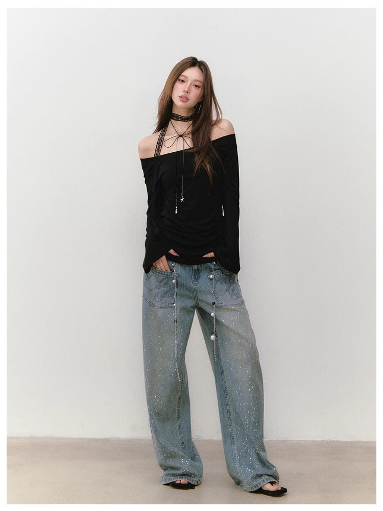 Off-Shoulder Backless Beaded Sun-protection T-shirt