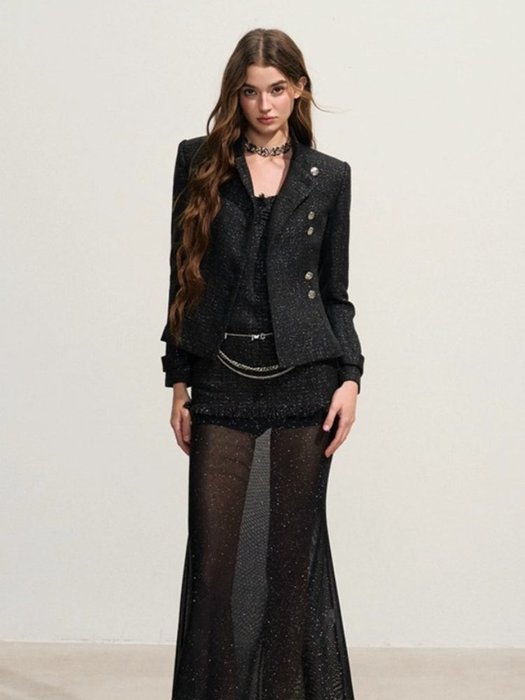 Shimmery Tweed Waist Jacket & Fringe Hem Skirt Set