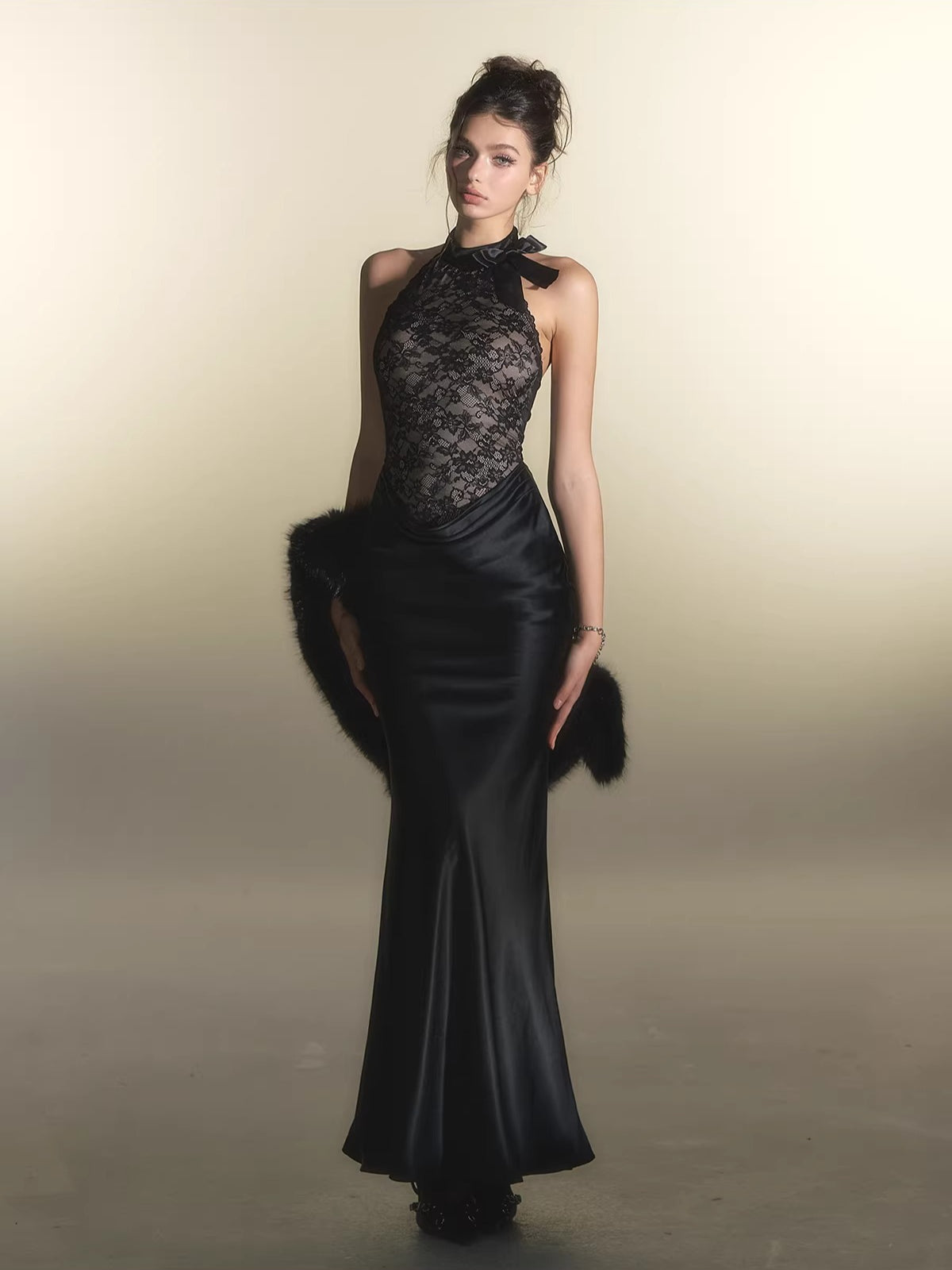 Black Lace Panel Acetate Dress