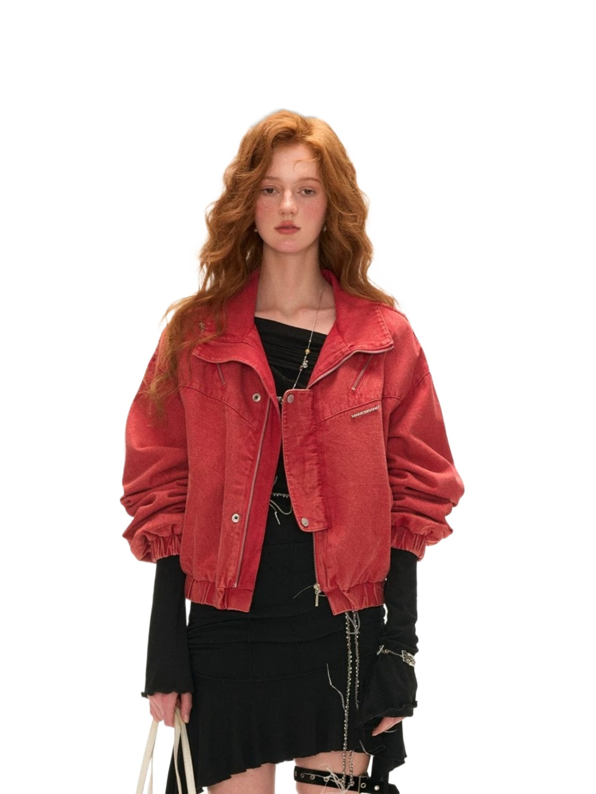 Red Utility Stand Collar Cropped Jacket