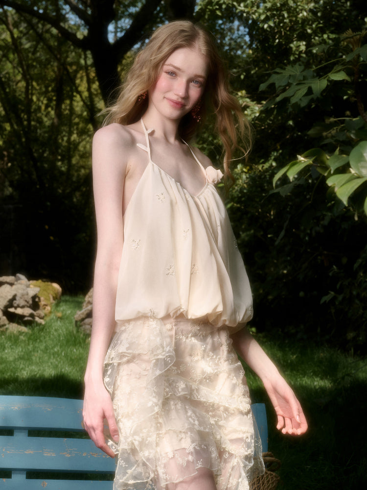 Cloud-like Sequin Embroidered Halter Top