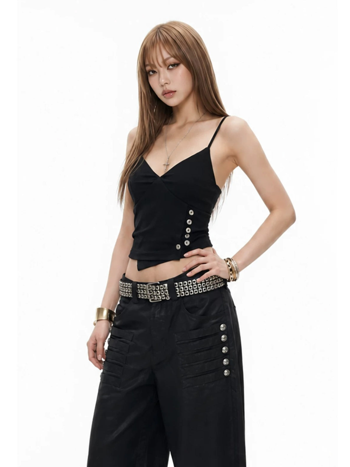 Side Button V Neck Tank Top