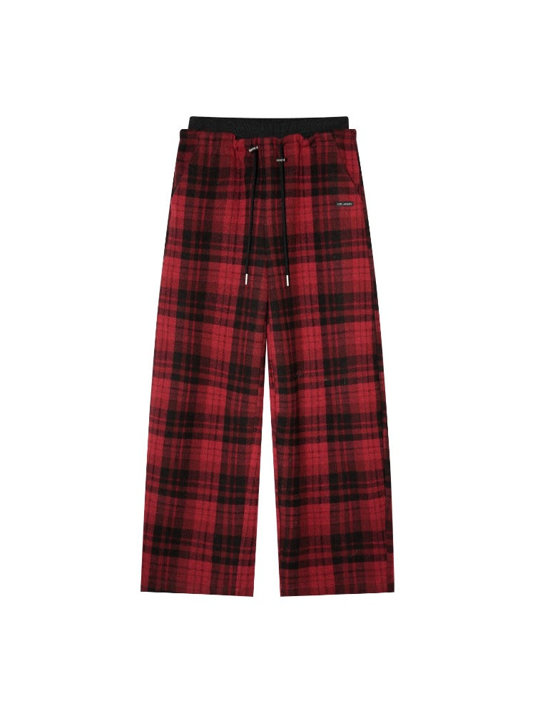 Red Plaid Wool-Blend Drawstring Wide-Leg Pants