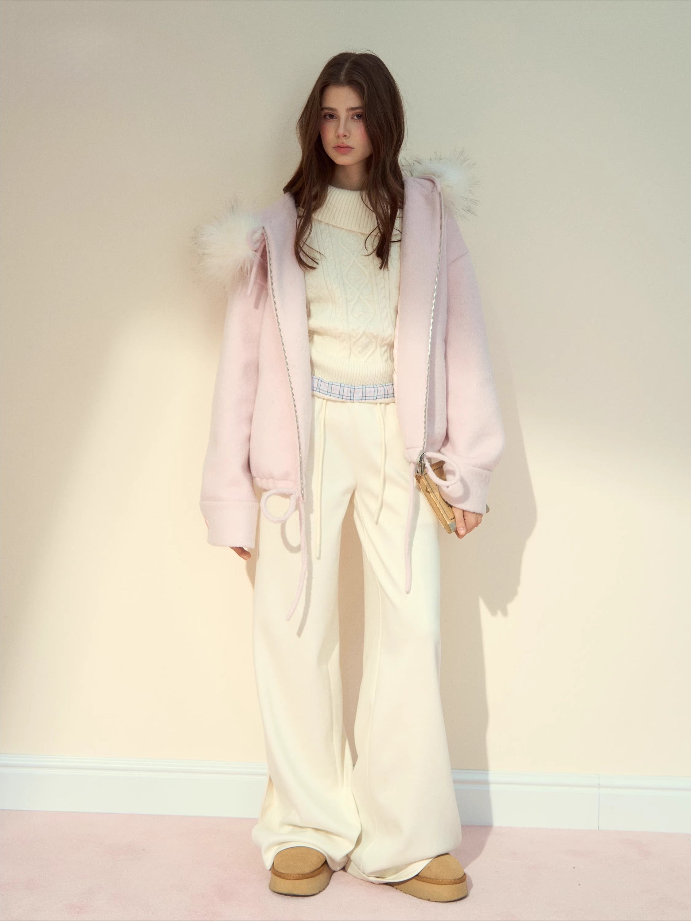 Checked Waist Wool Straight-Leg Pants