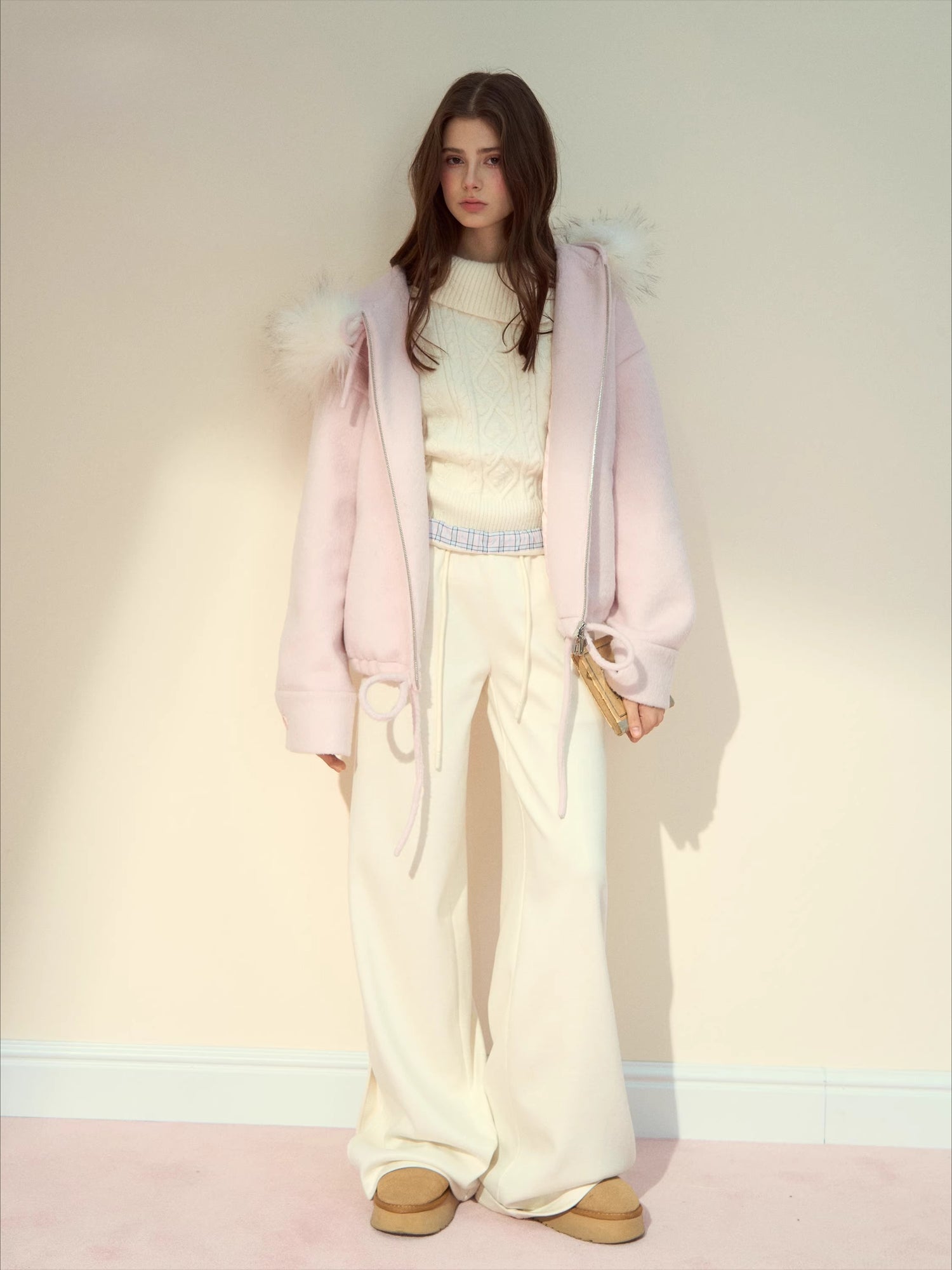 Checked Waist Wool Straight-Leg Pants