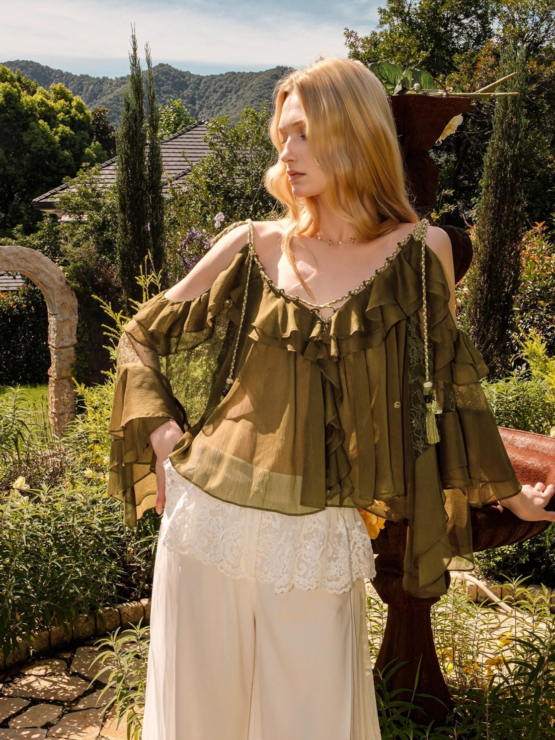 Flowy Chiffon Ruffle V-neck Shirt