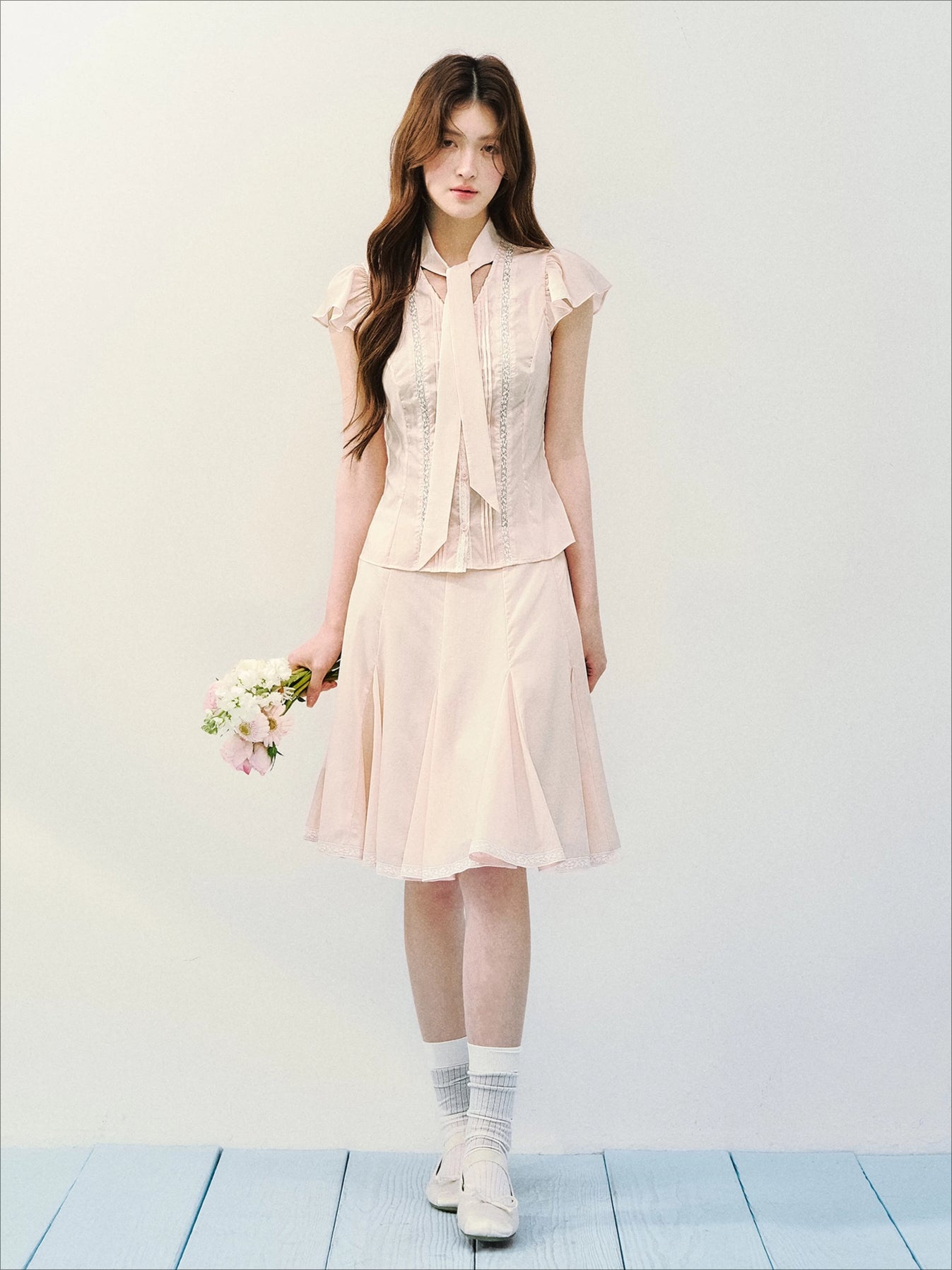 Silk Tie Blouse & Skirt Set