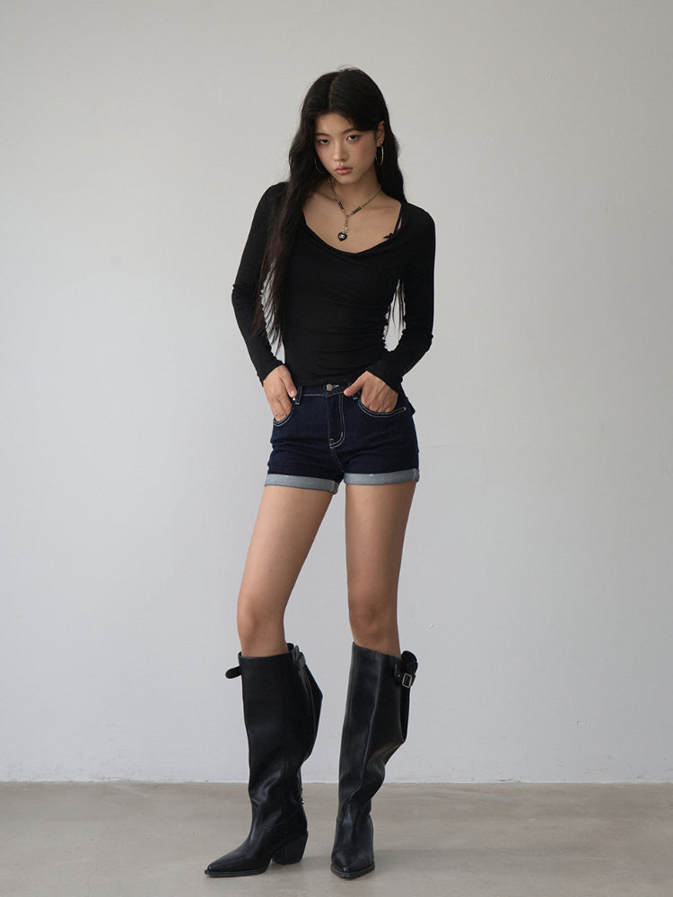 Straight-leg Cuffed Denim Shorts
