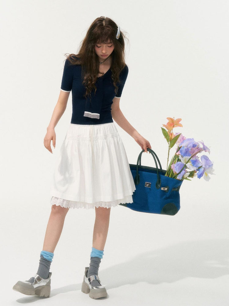 Preppy Style Collared Tie Knit Top