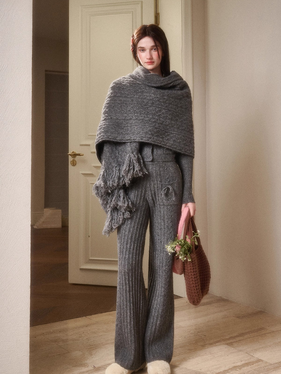 Velvet Bunny Wool Cloud Off-Shoulder Knit Cardigan & Pants Set