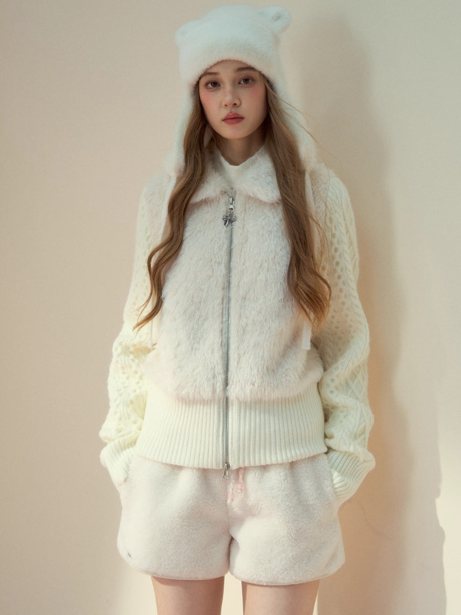 Peter Pan Collar Fleece-Lined Faux-Fur Paneled Jacket