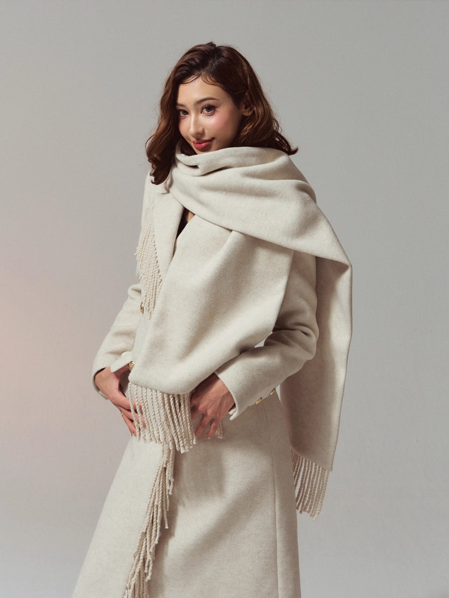 Wool-Blend Hourglass Fringe-Scarf Double-Breasted Long Coat