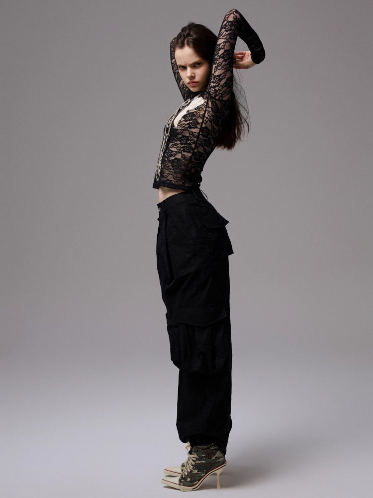 Vintage Contrast Star Patch Lace Slim Long Sleeve Top