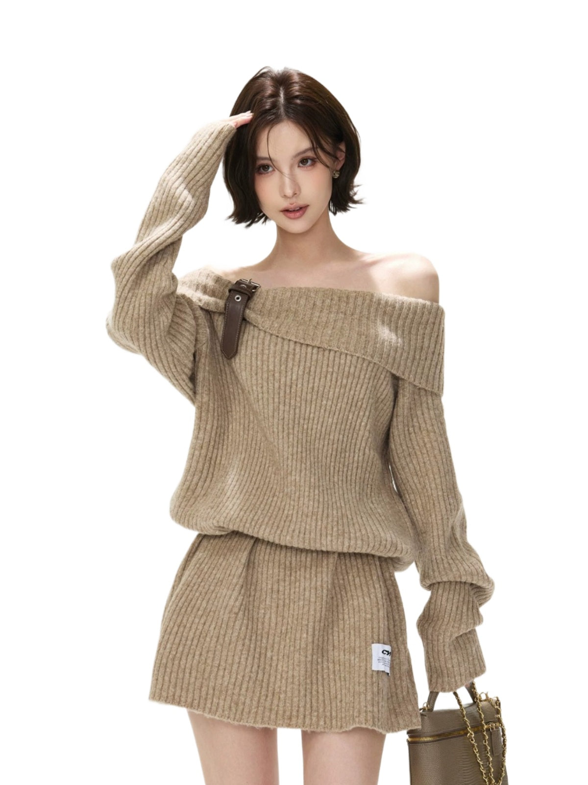 Off-Shoulder Ribbed Wool Blend Mini Dress