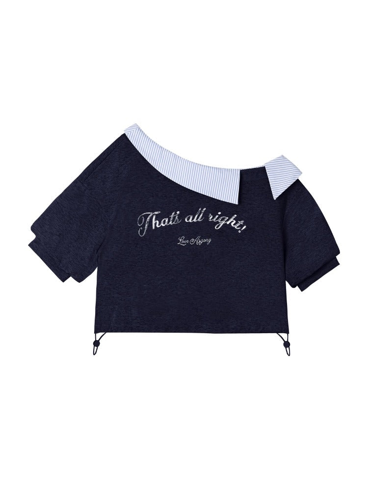 Grey Asymmetric Shoulder Striped Patchwork Short-Sleeve & Skirt Set