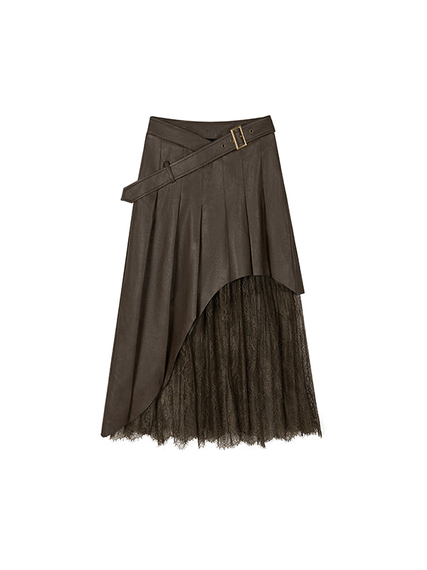 Coffee & Black Lace-paneled PU Leather Skirt