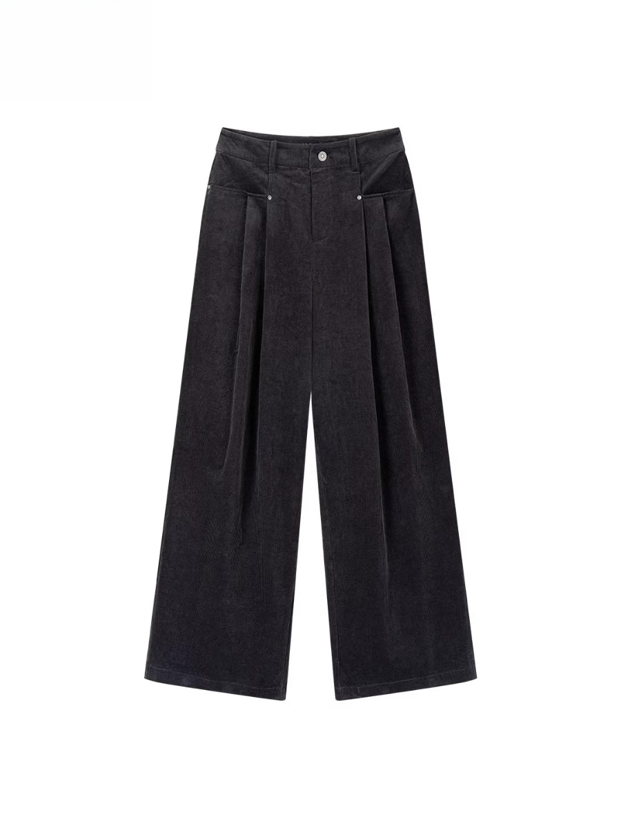 Dark Gray Pleated Corduroy Retro Casual Trousers