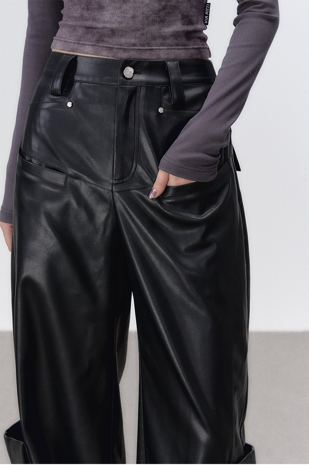 Black Rivet Straight Leather Pants