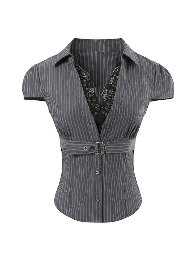 Waist Lace V - neck Shirt