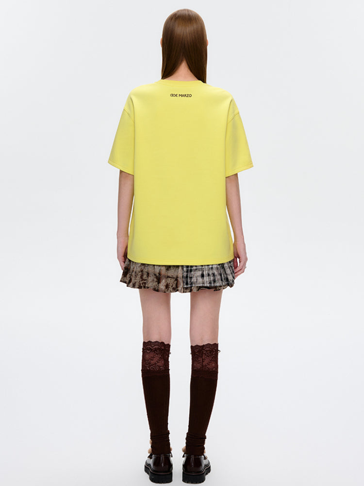 Bee Bear Illustration Round-Neck Cotton T-Shirt