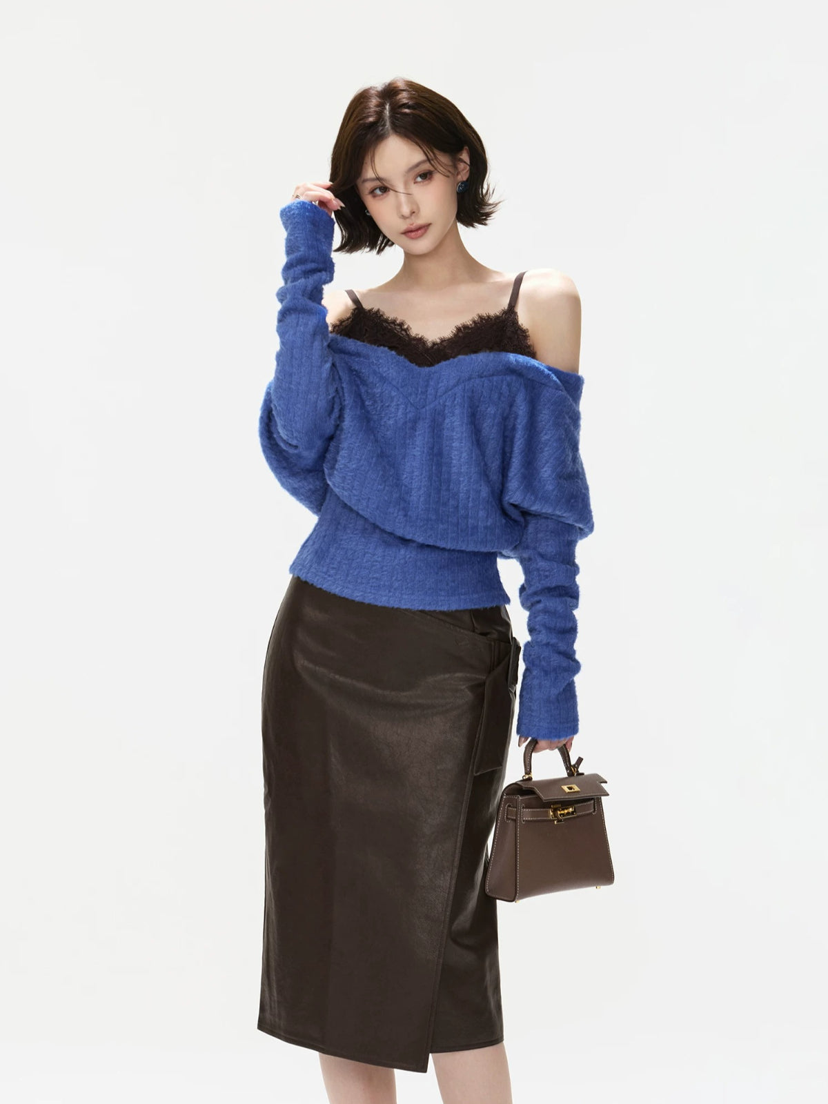 Lace Camisole Layered Fuzzy Knit Sweater