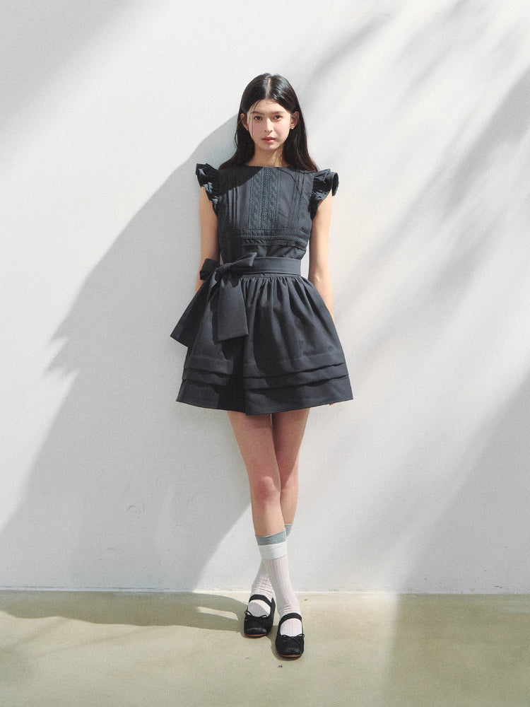 Flutter-Sleeve Bow-tied Tea-break Dress