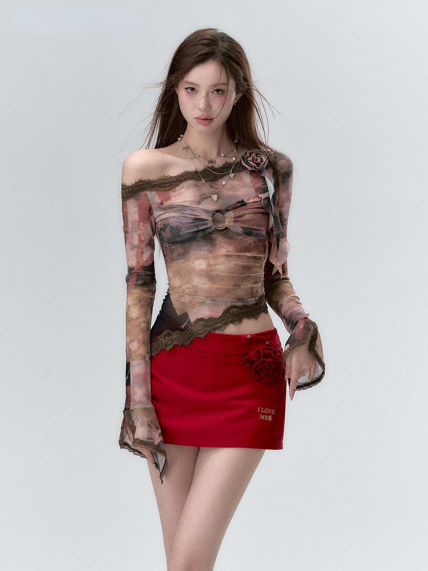 Lace Paneling Mesh Off-the-Shoulder Blouse