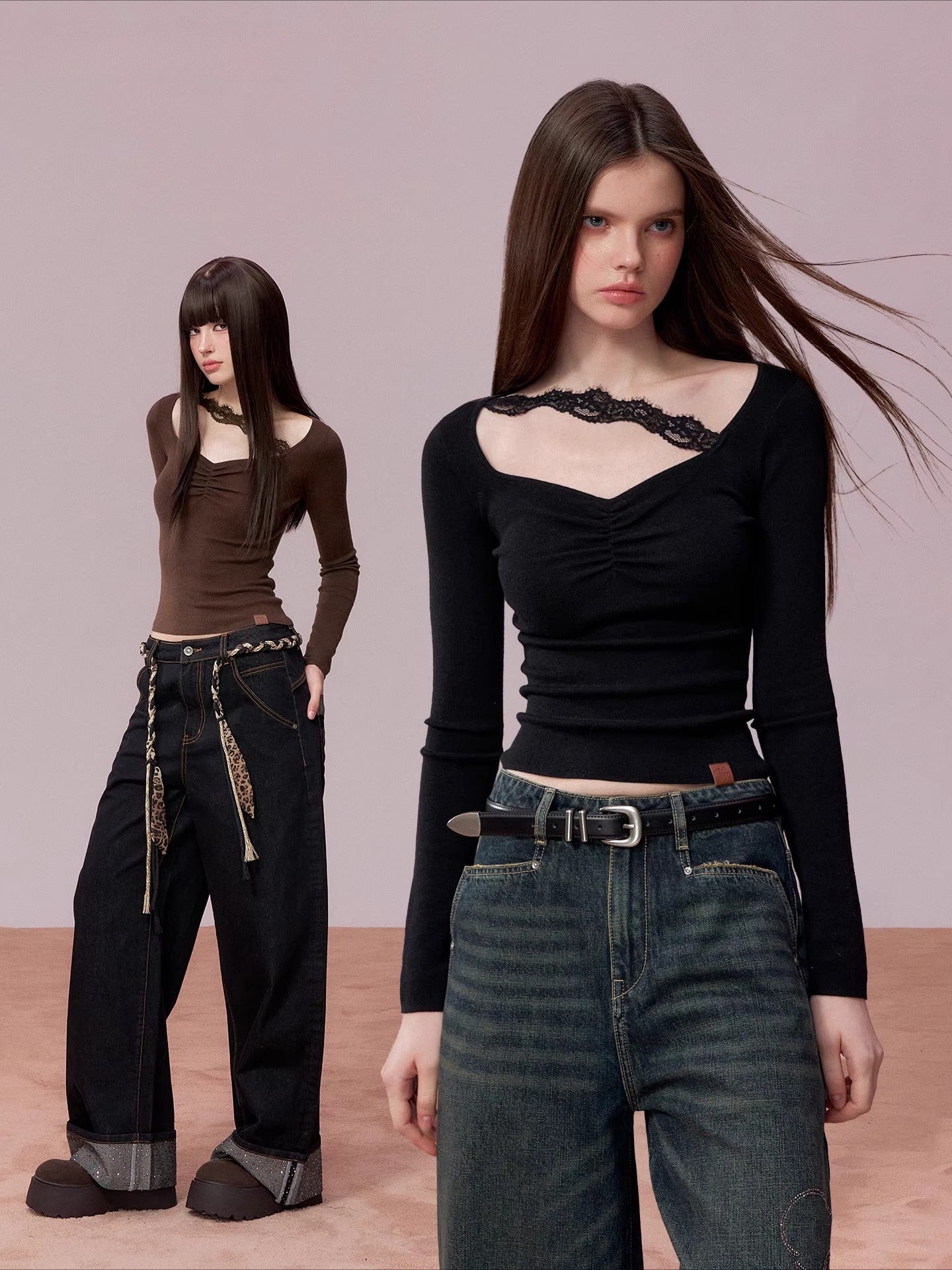 Ruched Lace Detail Knit Top