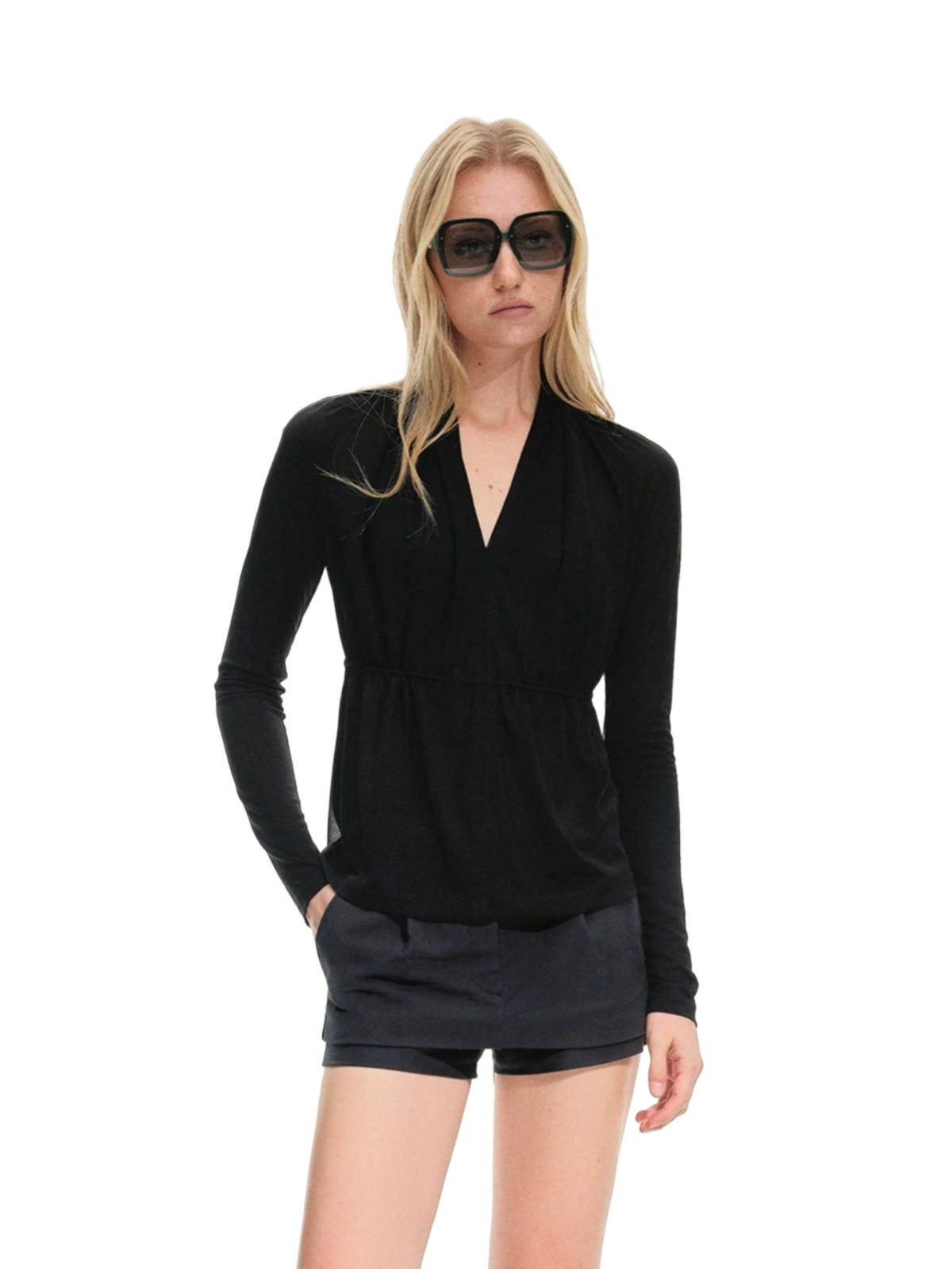 Sheer V-Neck Drawstring Waist Top